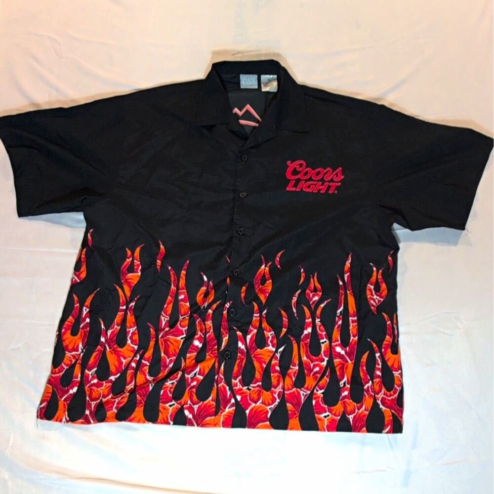 Coors Light Men's XL Black Button Up Shirt Short Sleeve Flame Floral Polyester